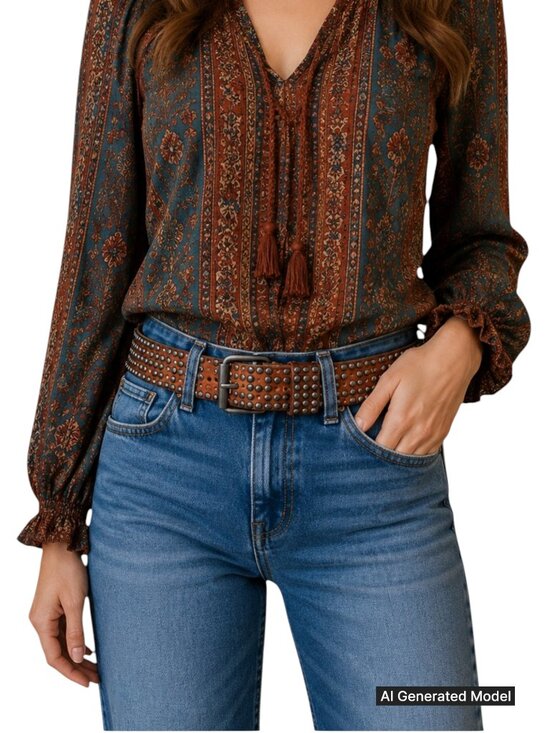 Amsterdam Cowboys Full Grain Leather Studded Boho Belt Caramel Size 85 Wide main image 3